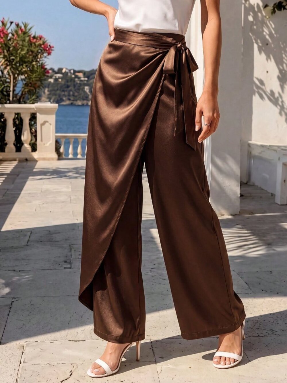 Coffee Brown Elegant Elastic Waist Wide Leg Pants